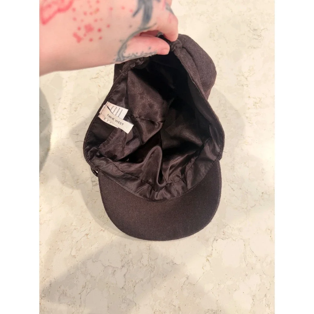 Nine West Brown Wool Blend Newsboy Hat Y2K Baker Boy Cabbie Cap Braided Trim